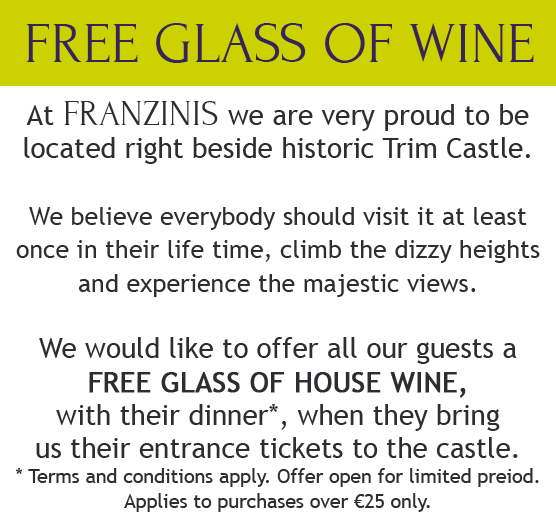 win a free glass of wine at franzinis restaurant Trim